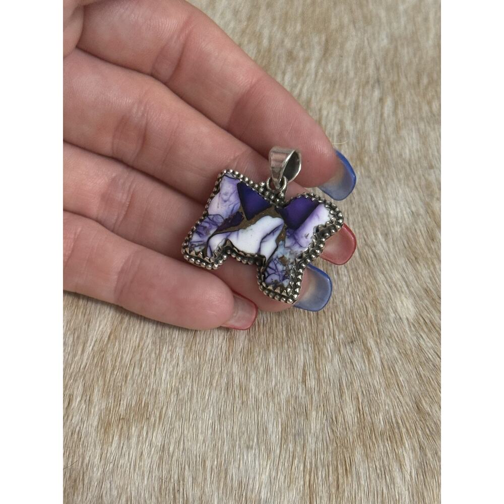 Native American SW Sterling Silver & Purple Dahlia Turquoise Sheep Cow Pendant - Picture 9 of 9